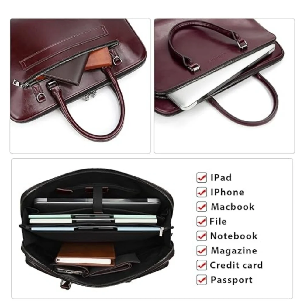 Blofinche Laptop Messenger shoulder bag Genuine Leather Briefcase 13.3 15.6 Inch